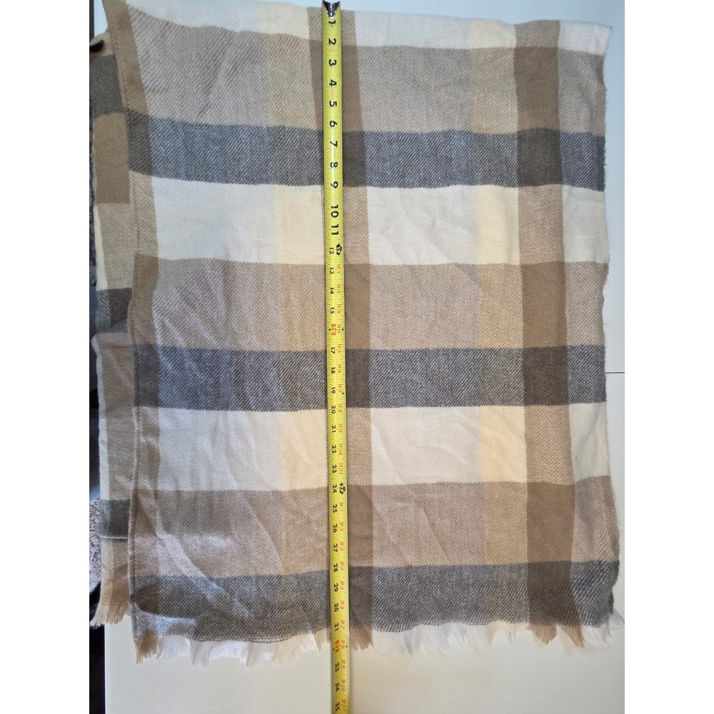 411 Lucky Brand Oversized Plaid Blanket Scarf Beige Gray Tan Fringed OS